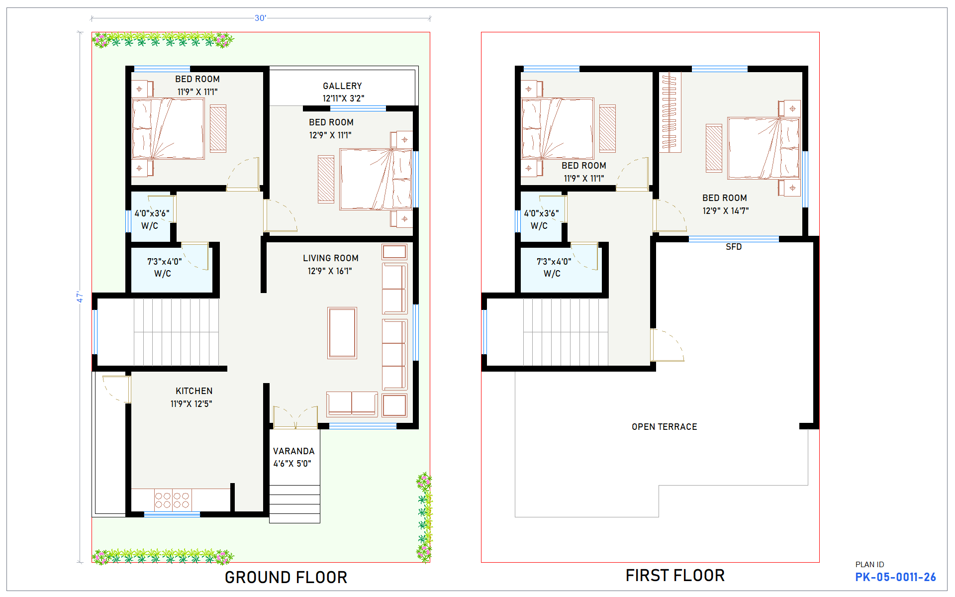 30x47 East Facing 4BHK House Plan - view 1