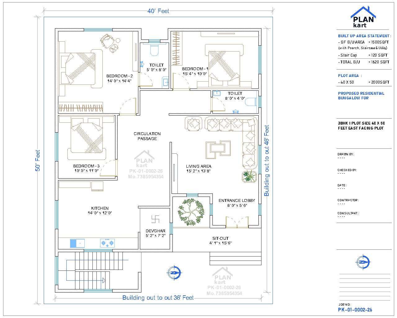 3 BHK I 40 x 50 ft East Facing (.dwg)