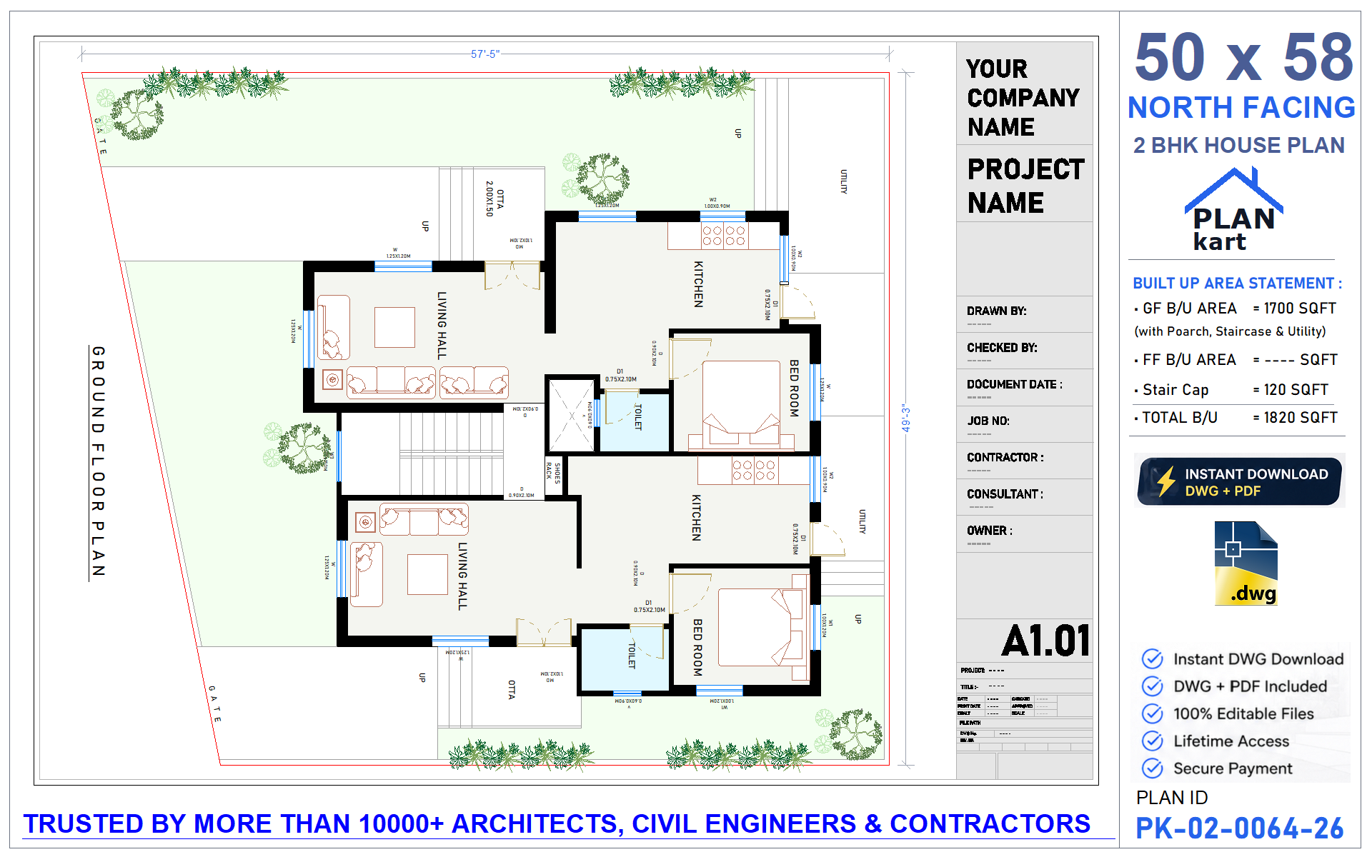 50x58 North Facing 2 BHK House Plan