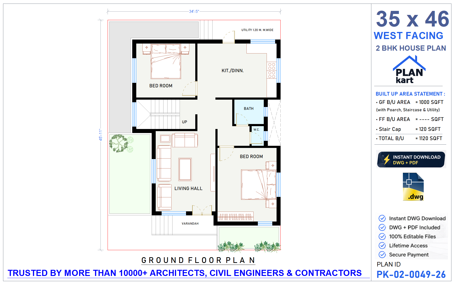 35x46 West Facing 2 BHK House Plan