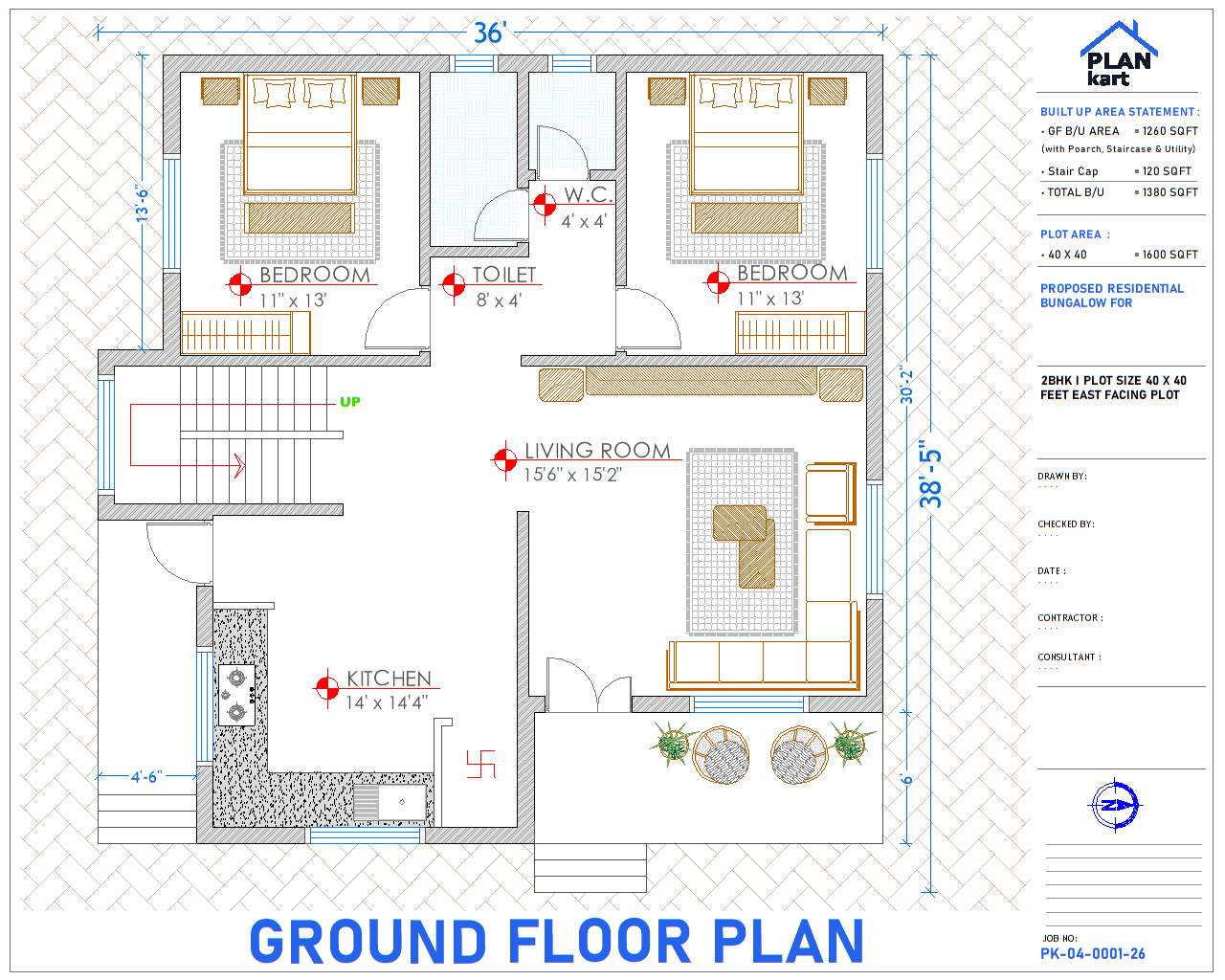 2 BHK I 40 x 40 ft East Facing (.dwg)