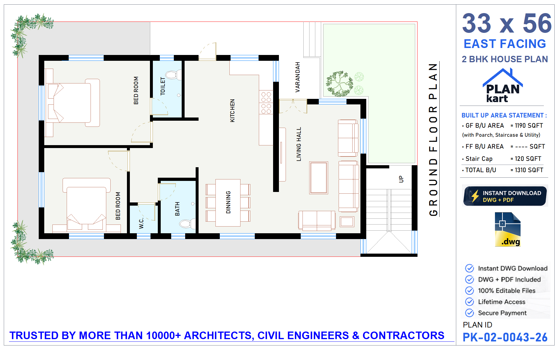 33x56 East Facing 2 BHK House Plan