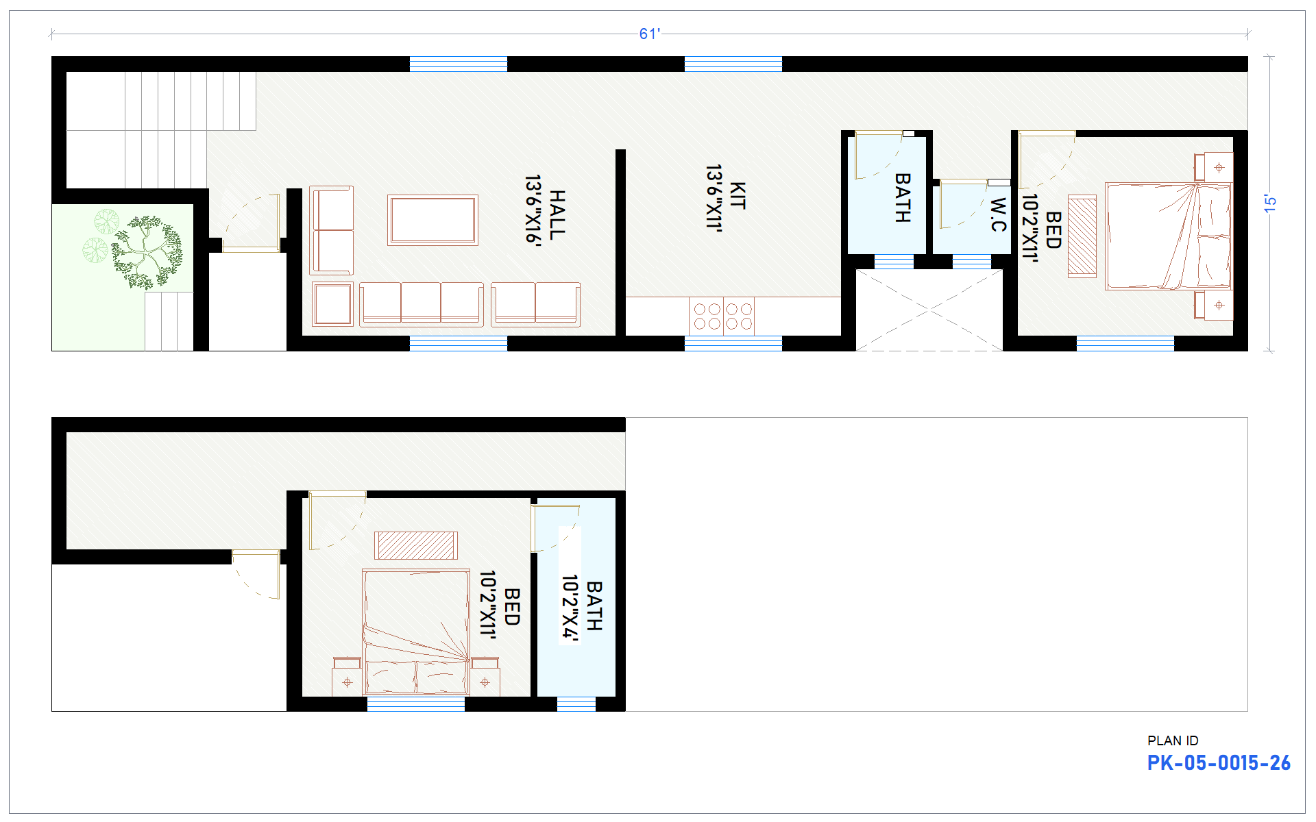15x61 East Facing 2 BHK House Plan - view 1