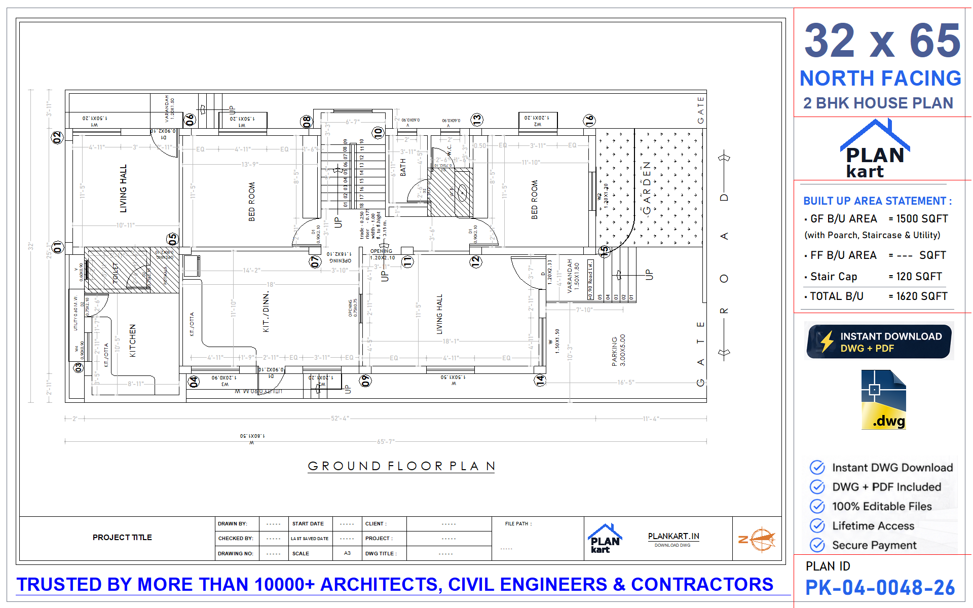 32 x 65 North Facing 2 BHK House Plan - view 1