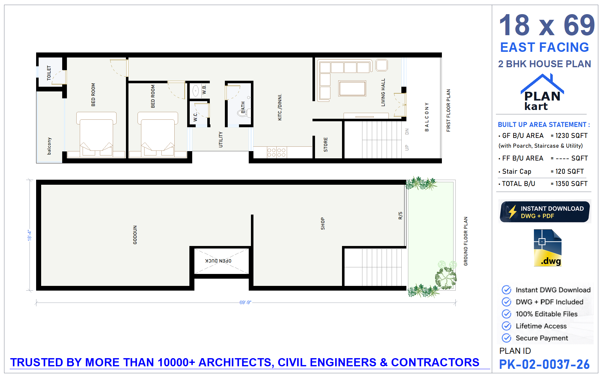 18x69 East Facing 2 BHK House Plan