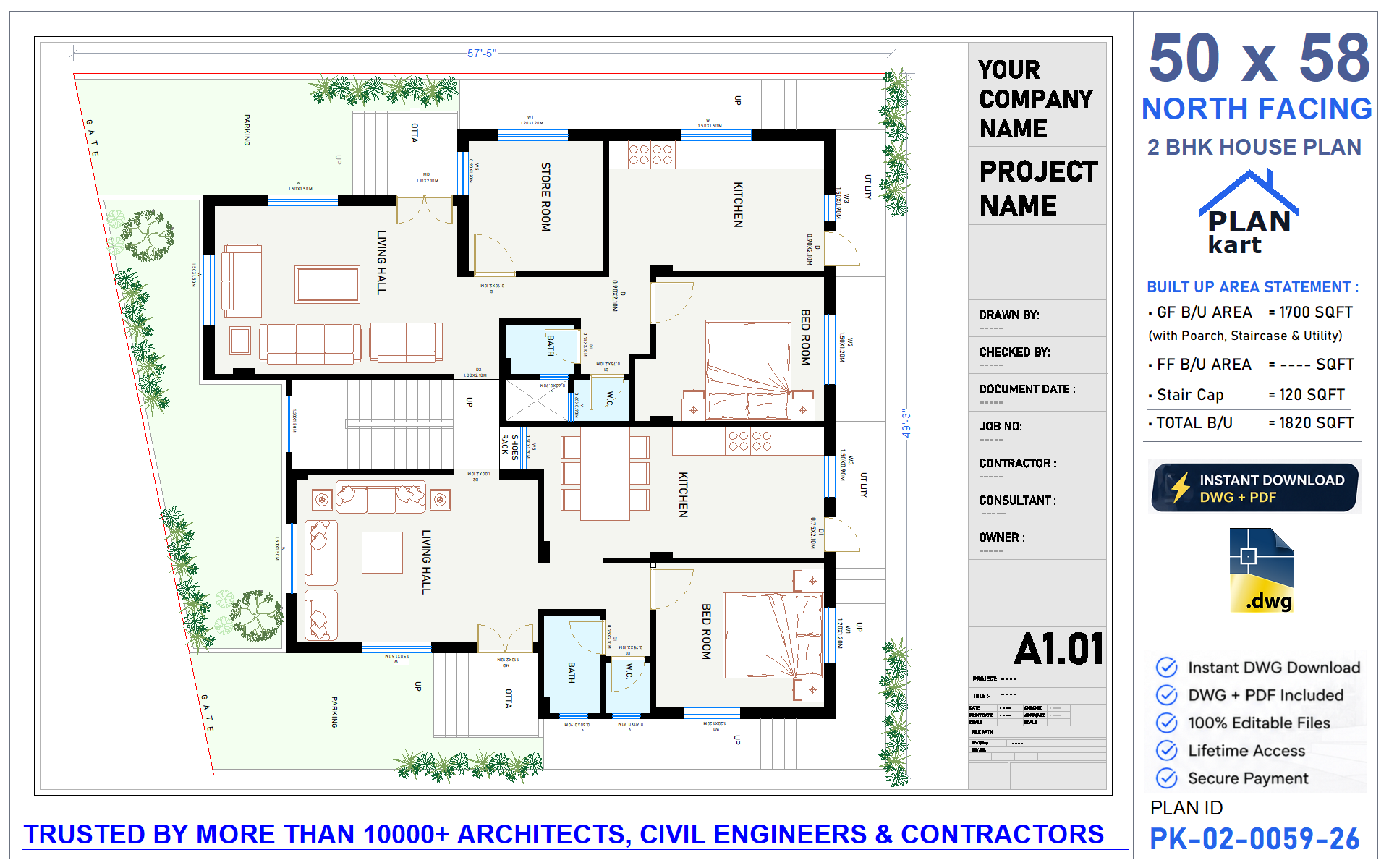 50x58 North Facing 2 BHK House Plan