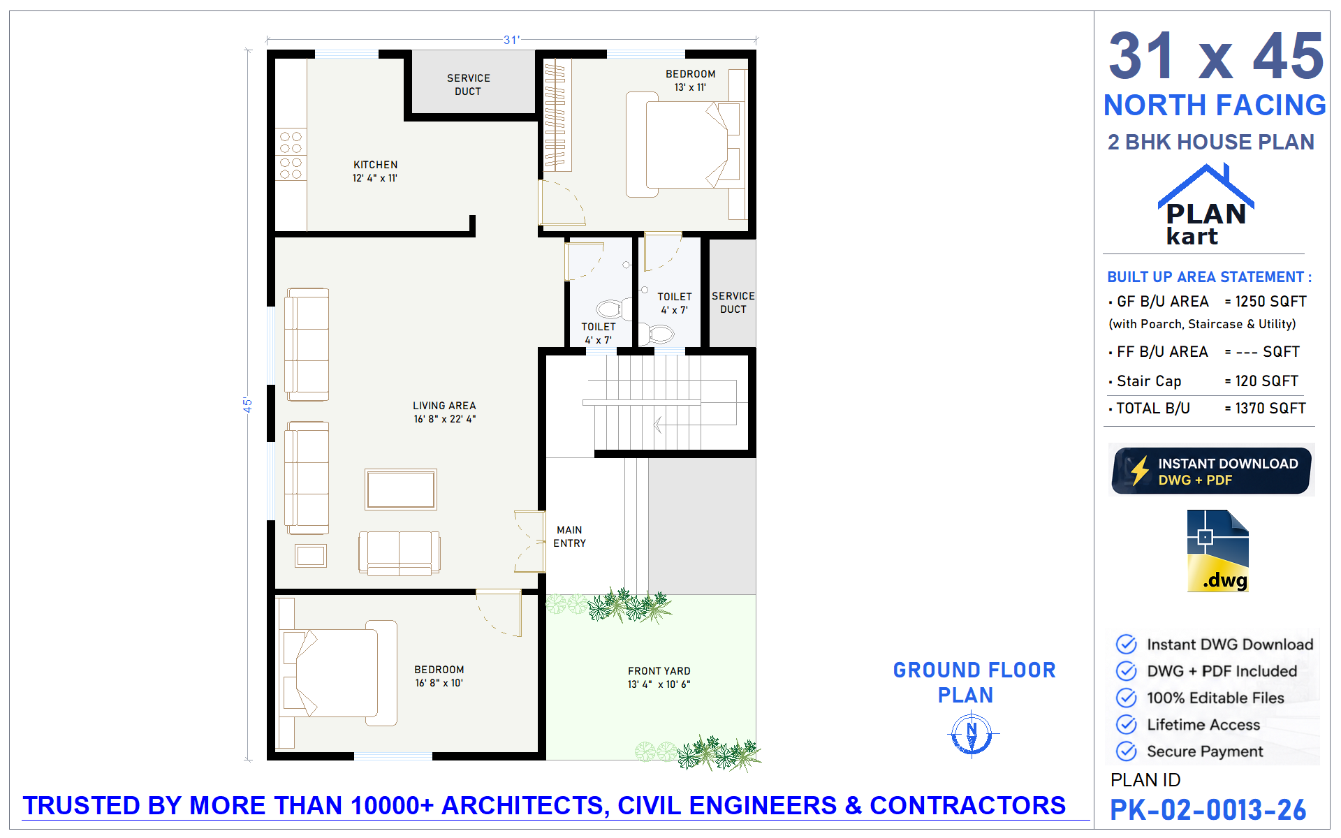 31 X 45 House Plan | North Facing 2BHK Floor Plan (.dwg)