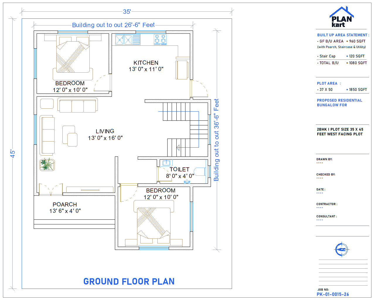 2 BHK I 35 x 45 ft West Facing (.dwg)