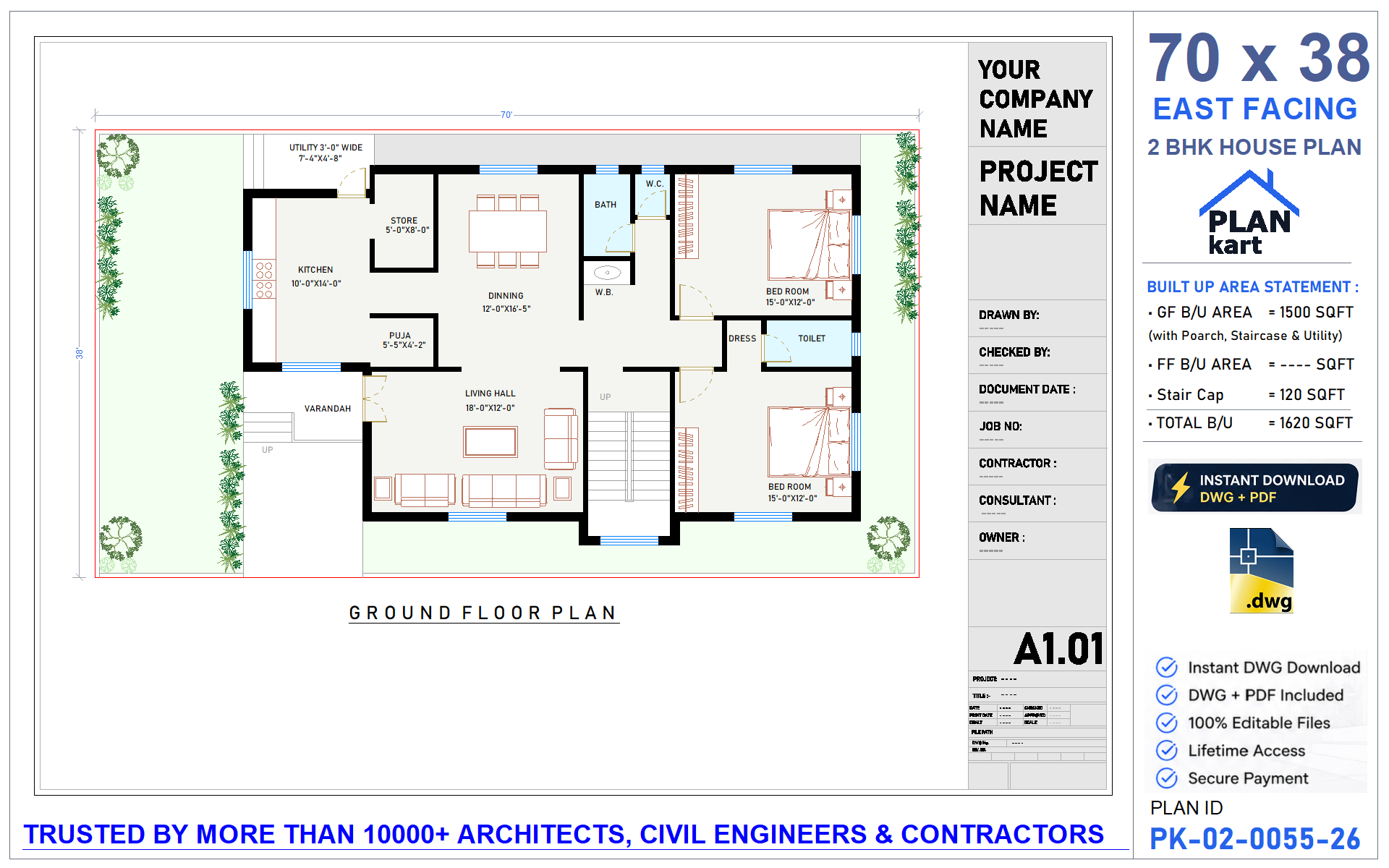 70x38 East Facing 2 BHK House Plan