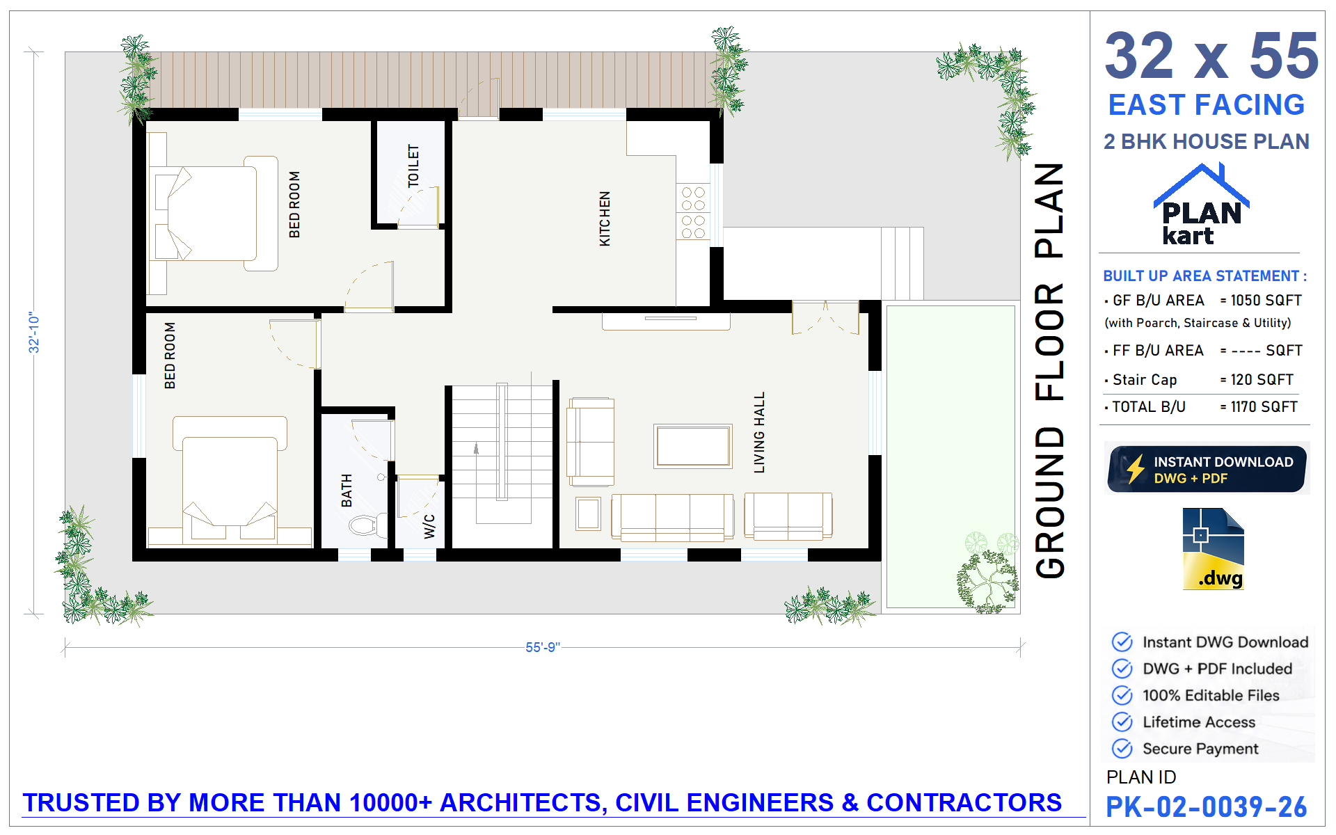 32x55 East Facing 2 BHK House Plan