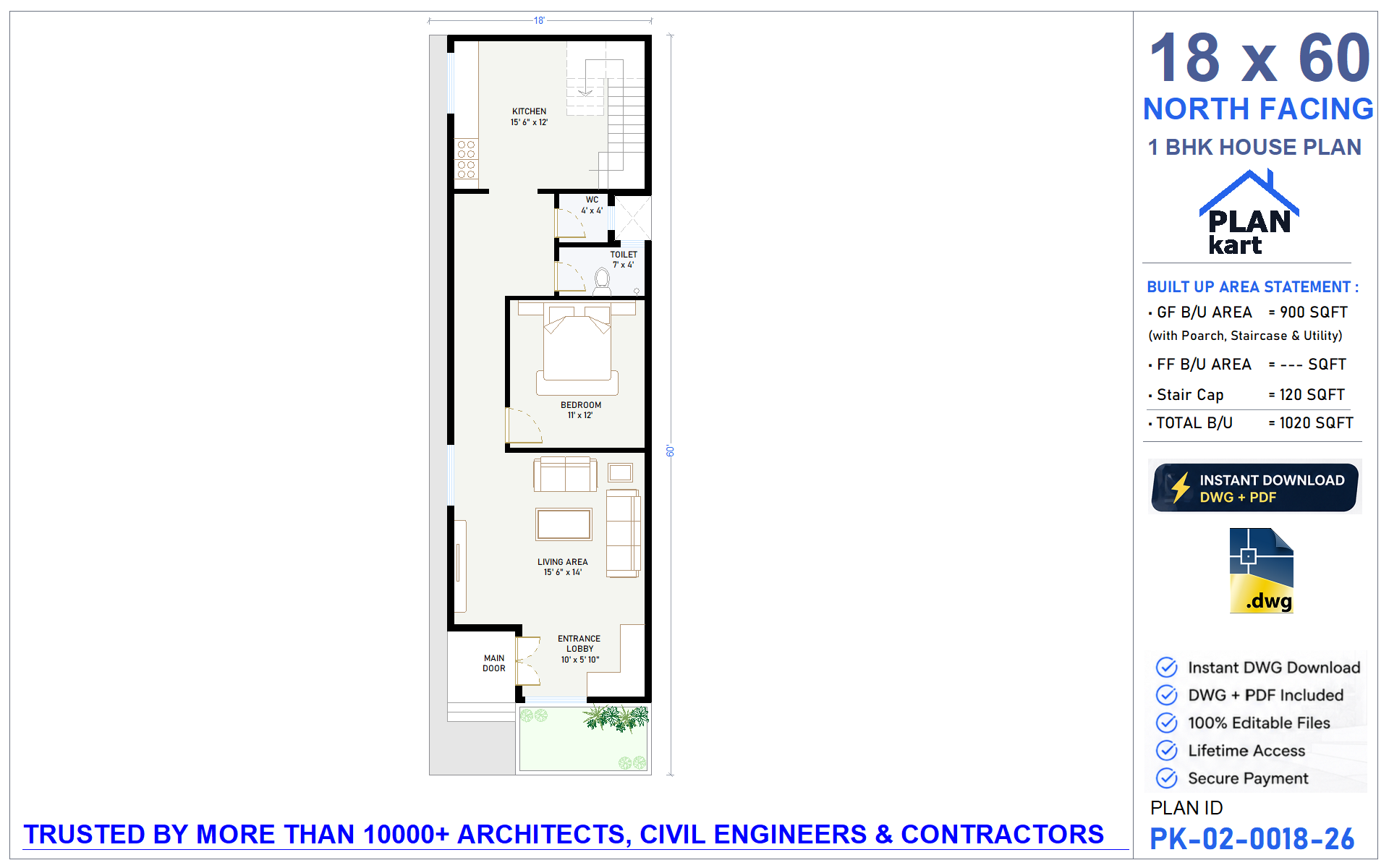 18 x 60 North Facing House Plan | Editable AutoCAD Floor Plan