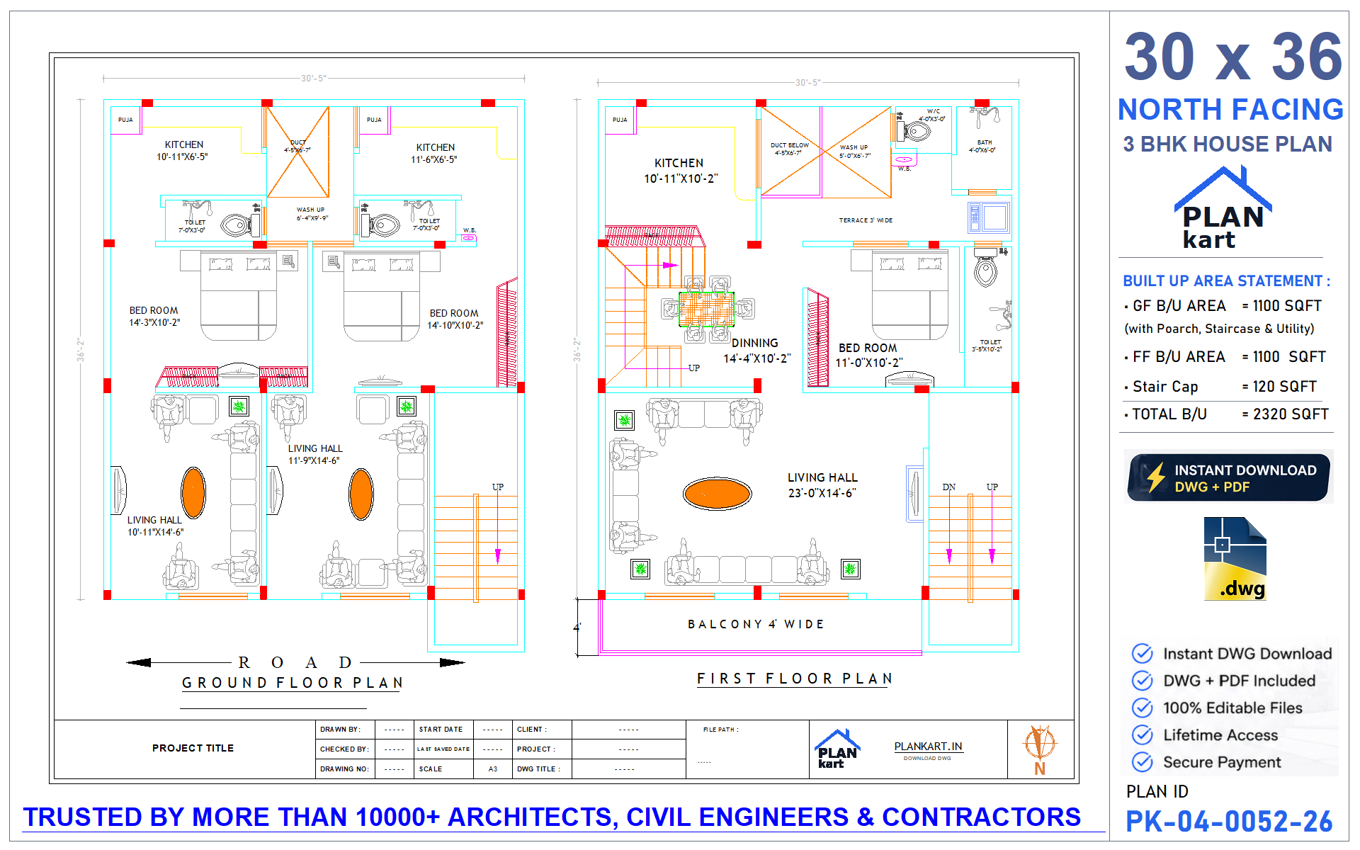 30 x 36 North Facing 3 BHK House Plan - view 1
