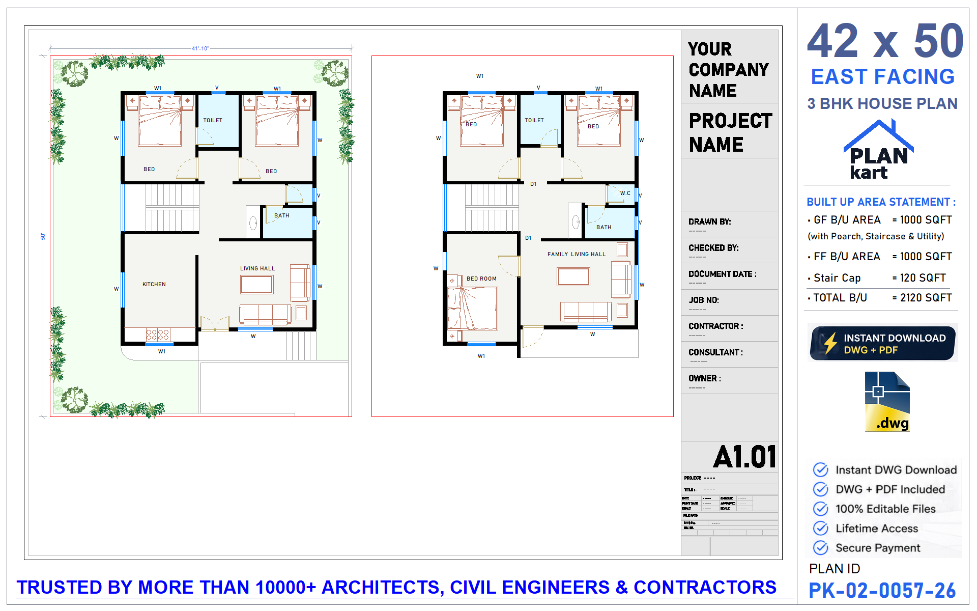 42x50 EastFacing 3 BHK House Plan
