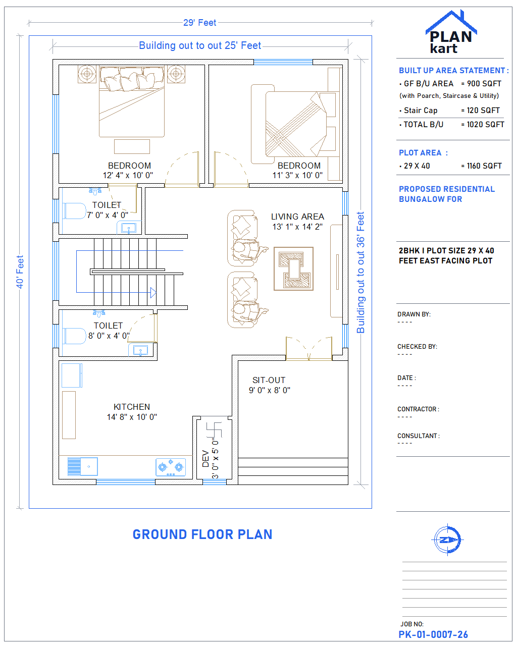 2 BHK I 29 x 40 ft East Facing (.dwg)