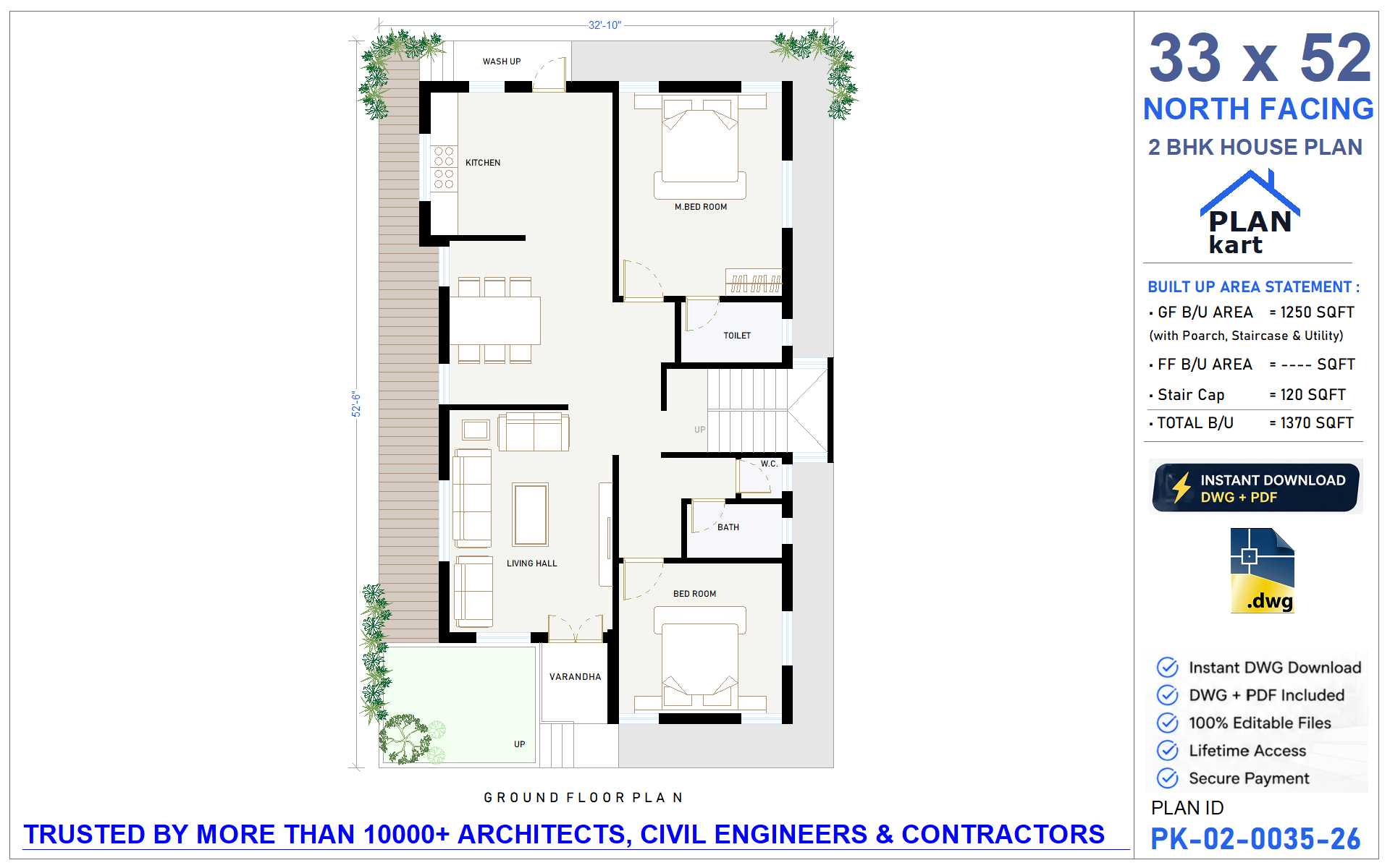 33x52 North Facing 2 BHK House Plan - view 1