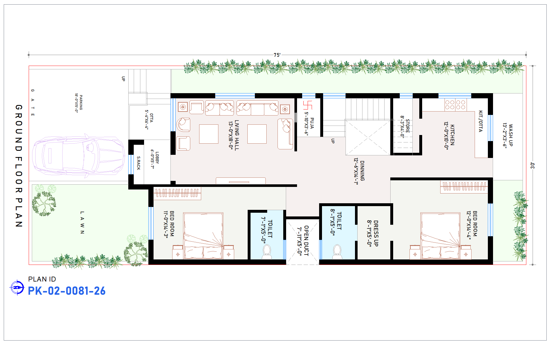 30x75 North Facing 2 BHK House Plan - view 1