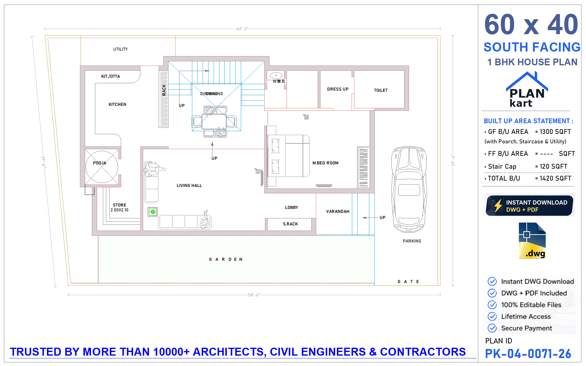 60 x 40 South Facing 1 BHK House Plan - view 1