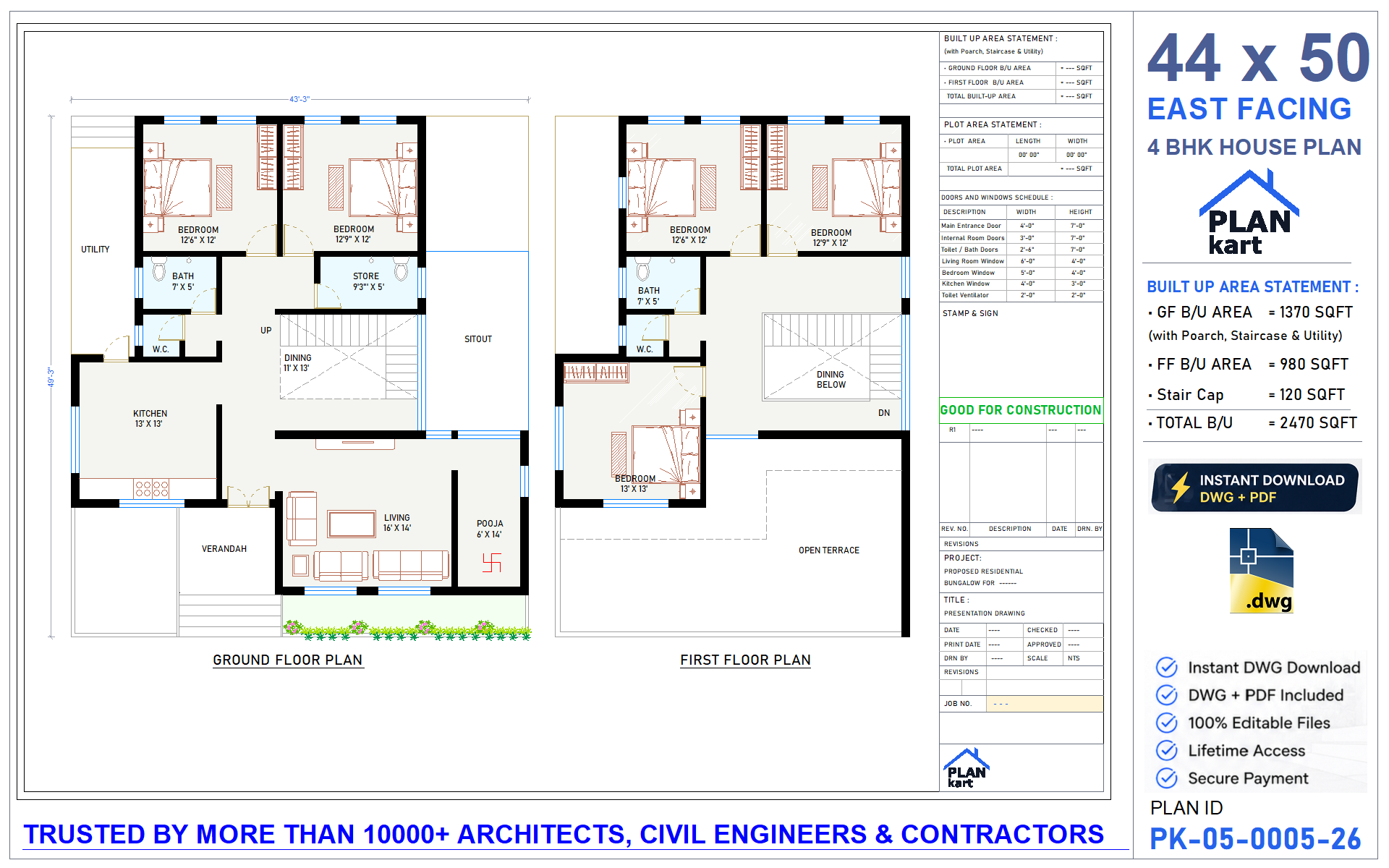 44x50 East Facing 4BHK House Plan