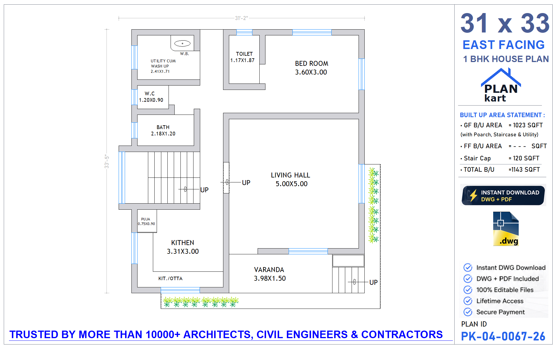 31 x 33 East Facing 1 BHK House Plan - view 1