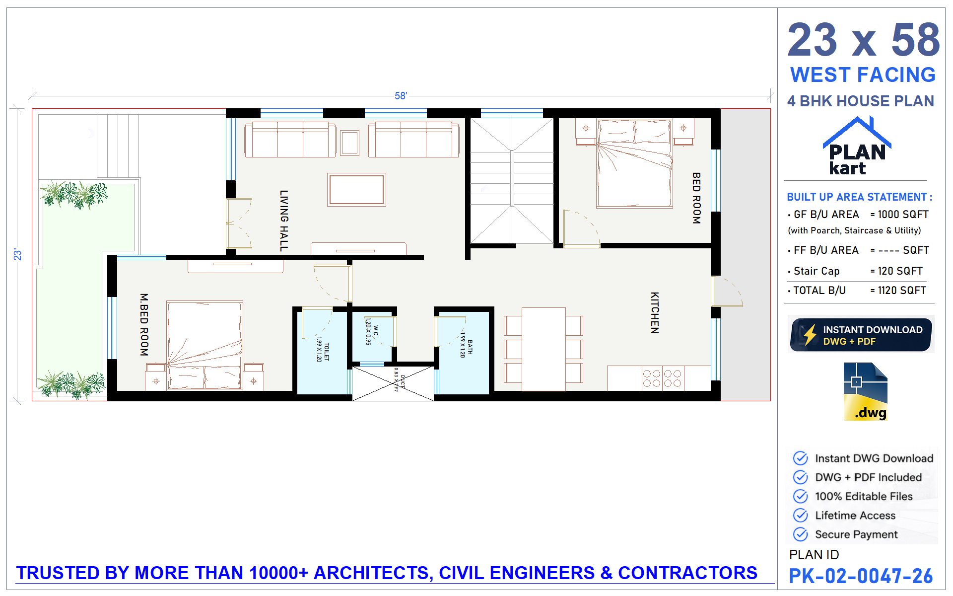 23x58 West Facing 2 BHK House Plan