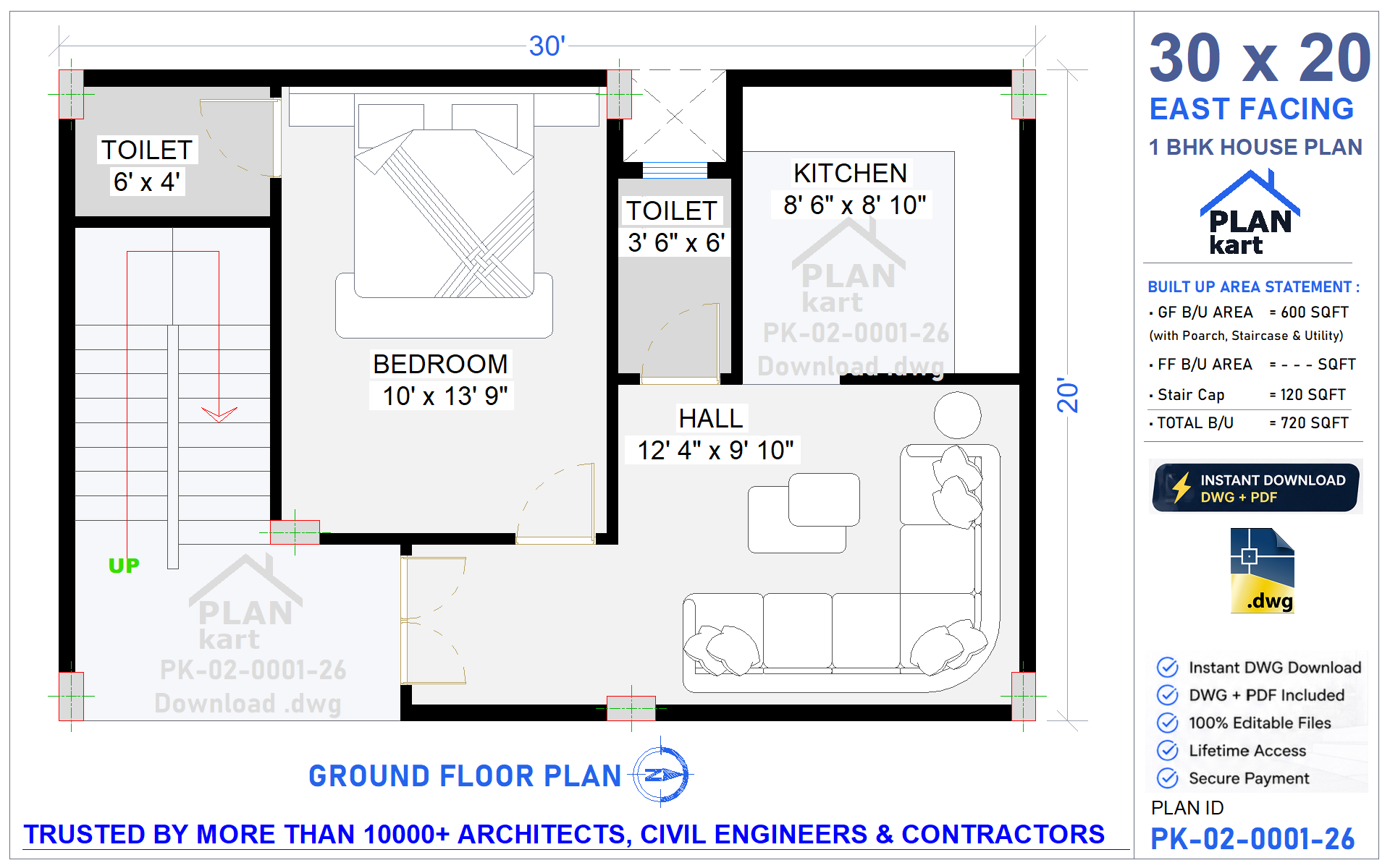 1 BHK I 30 x 20 ft East Facing (.dwg)