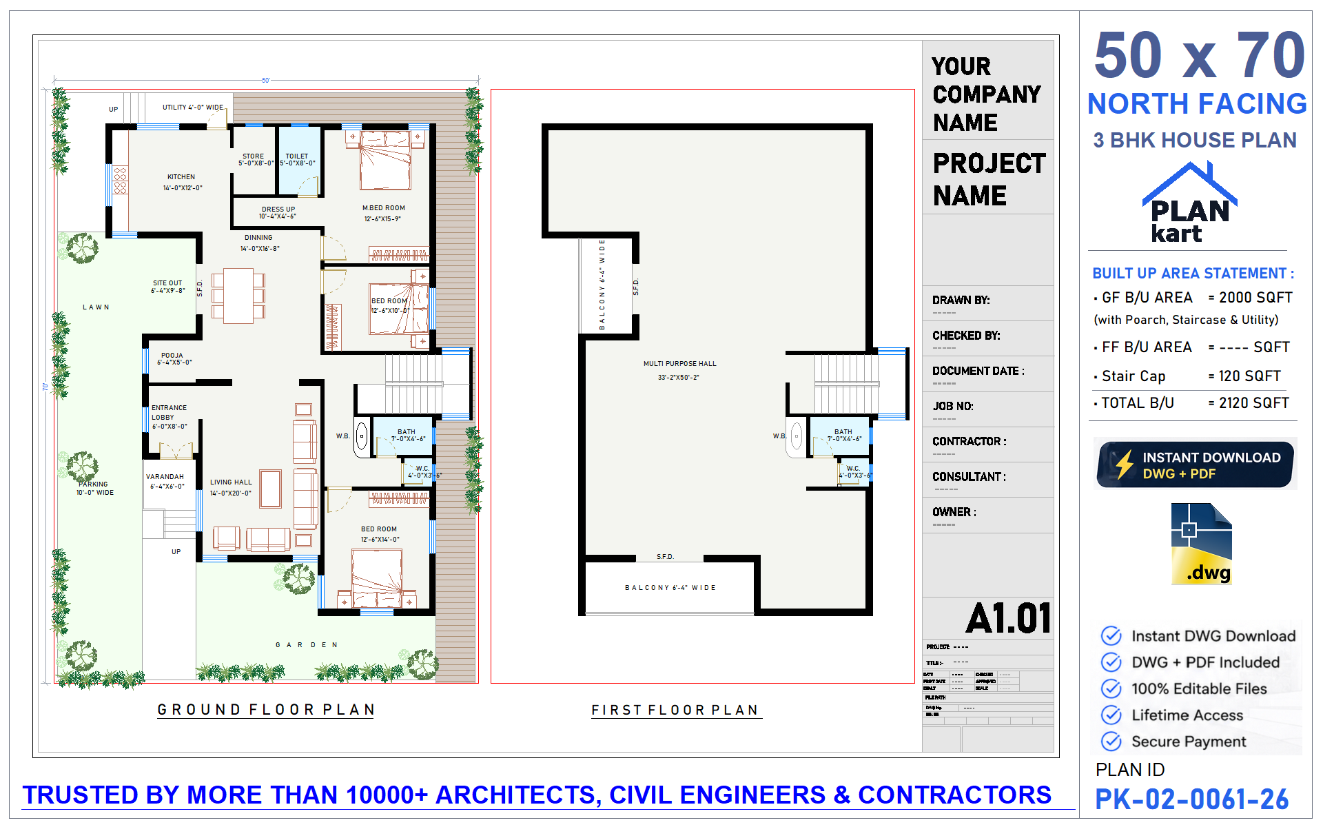 50x70 North Facing 3 BHK House Plan